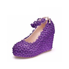 Round Toe 4 Inches Heels Lace Flower Decorated Platforms Ankle Straps Wedges - Purple