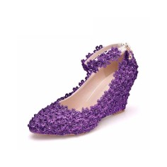 Pointed Toe 3 Inches Heels Lace Flower Decorated Platforms Ankle Straps Wedges - Purple