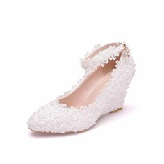 Pointed Toe 3 Inches Heels Lace Flower Decorated Platforms Ankle Straps Wedding Bride Wedges - White