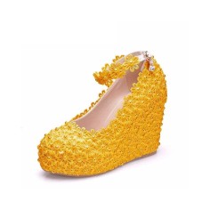 Round Toe 4 Inches Heels Lace Flower Decorated Platforms Ankle Straps Wedges - Yellow