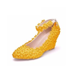Pointed Toe 3 Inches Heels Lace Flower Decorated Platforms Ankle Straps Wedges - Yellow