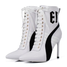 Pointed Toe Stiletto Heels Side Zipper Ankle Highs Leather Boots - White