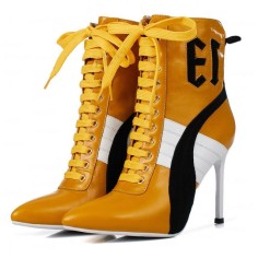 Pointed Toe Stiletto Heels Side Zipper Ankle Highs Leather Boots - Yellow