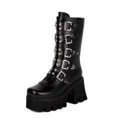 Round Toe Belt Buckle Double Row Rivet Chunky Heels Platforms Knee Highs Boots - Black Faux Leather