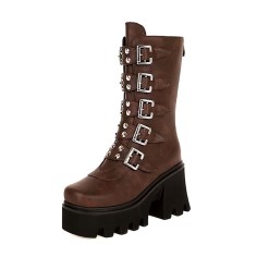 Round Toe Belt Buckle Double Row Rivet Chunky Heels Platforms Knee Highs Boots - Brown Faux Leather