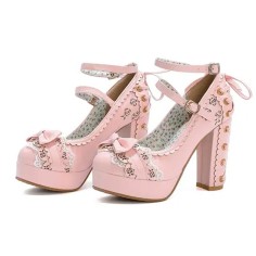 Round Toe Chunky Heels Victorian Style Vintage Mary Janes Bowknot Platforms Pumps - Pink