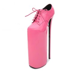 Fly High Platforms Stiletto Metal Super 12 inches Heels Lace Up Round Toe Loafers Pumps - Pink Patent