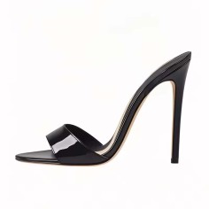 Pointed Open Toe Stiletto Heels Shiny  Slippers Sandals - Black Patent