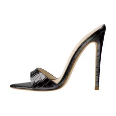 Pointed Open Toe Stiletto Heels Crocodile Pattern Slippers Sandals - Black Patent
