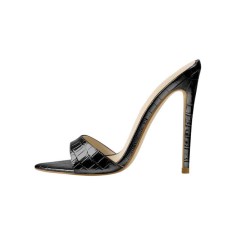 Italian Heel Peep Toe Crocodile Embossed Slip On Summer Sandals - Black