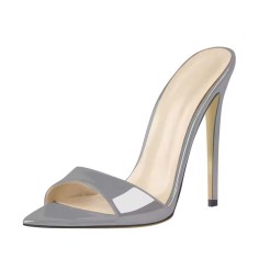 Pointed Open Toe Stiletto Heels Shiny  Slippers Sandals - Gray Patent
