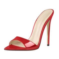 Pointed Open Toe Stiletto Heels Shiny  Slippers Sandals - Red Patent