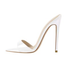 Pointed Open Toe Stiletto Heels Shiny  Slippers Sandals - White Patent