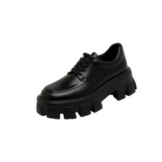 Round Toe Lace Up Chunky Heels Platforms Wednesday School Loafers - Black