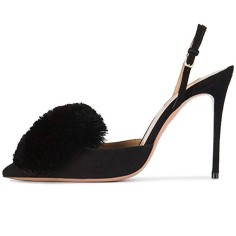 Pointed Toe Pom Poms Stiletto Heels Slingback Sandals Pumps - Black