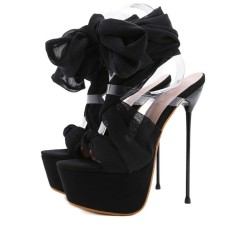 Peep Toe Crosstied Ankle Lace Up Stiletto Heels Platforms Gladiators Pumps - Black