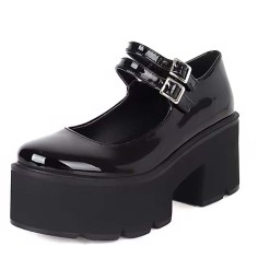 Round Toe Mary Janes Platforms Chunky Heels Pumps - Black Patent