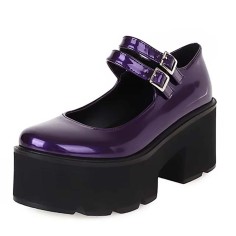 Round Toe Mary Janes Platforms Chunky Heels Pumps - Purple Patent