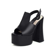 Peep Toe Platforms Chunky Heels Buckle Straps Sandals - Black