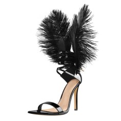 Peep Toe Ankle Straps Detachable Feathers Ankle Straps Stiletto Sandals - Black Patent