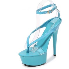 Open Toe Ankle Buckle Straps Platforms 5 inch Stiletto Heels Platforms Sandals - Blue Patent