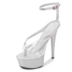 Open Toe Ankle Buckle Straps Platforms 5 inch Stiletto Heels Platforms Sandals - Silver Patent