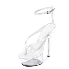 Open Toe Ankle Buckle Straps Transparent Platforms 5 inch Stiletto Heels Platforms Sandals - Silver Patent PVC