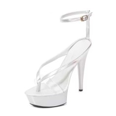 Open Toe Ankle Buckle Straps Platforms 4 inch Stiletto Heels Platforms Sandals - Silver Patent