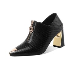 Pointed Toe Chunky Heels Sharp Texture Front Decorated Zipper Elegant Office Party Loafers Pumps - Black