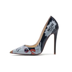 Patent Leather R.Lichtenstein Style Pop Art Pattern Pointed Toe Stiletto Heels - Black