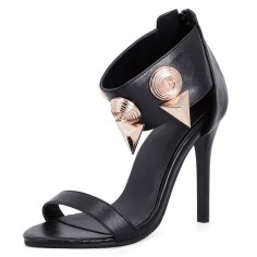 Peep Toe Stiletto Heels Ankle Rivet Decorated Back Zipper Straps Sandals - Black