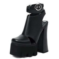 Round Toe Chunky Heels Punk Rivets Ankle Buckle Straps Platforms Pumps - Black