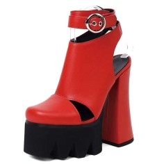 Round Toe Chunky Heels Punk Rivets Ankle Buckle Straps Platforms Pumps - Red
