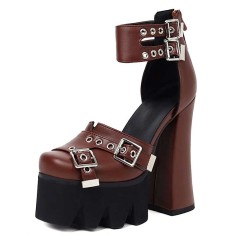 Square Toe Chunky Heels Punk Rivets Ankle Buckle Straps Platforms Pumps - Auburn