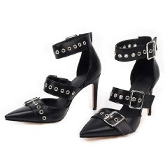 Pointed Toe Stiletto Heels Ankle Buckle Straps Rivets Punk Gothic Pumps - Black Faux Leather