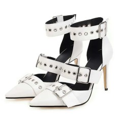 Pointed Toe Stiletto Heels Ankle Buckle Straps Rivets Punk Gothic Pumps - White Faux Leather