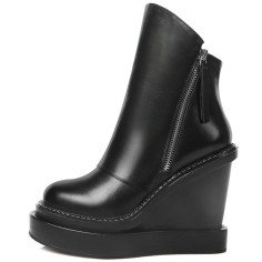 Round Toe Side Zipper Elegant Ankle High Wedges Boots - Black