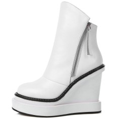 Round Toe Side Zipper Elegant Ankle High Wedges Boots - White