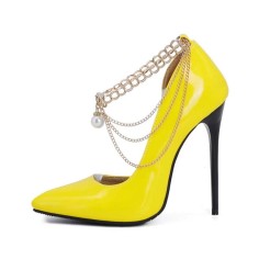 Pointed Toe Stiletto Heels Ankle Chain Straps Dorsay Pumps - Yellow Patent