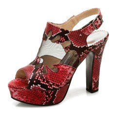 Peep Toe Block Heels Transparent Platforms Snake Print Back Buckle Straps Sandals - Red