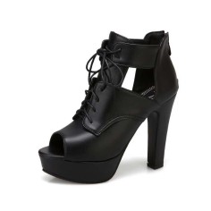 Peep Toe Cuban Heels Lace Up Pumps with Back Zipper - Black