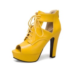 Peep Toe Cuban Heels Lace Up Pumps with Back Zipper - Yellow
