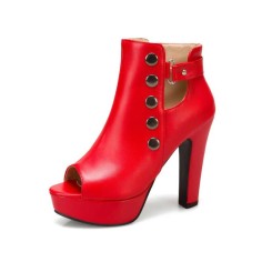 Peep Toe Cuban Heels Rivet Decorated Side Buckle Pumps with Side Zipper - Red
