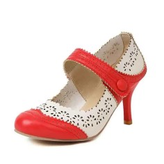 Round Toe Italian Heels Retro Fretwork Mary Janes Pumps - Red