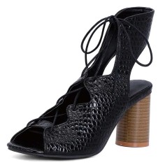 Peep Toe Summer Vintage Snake Print Chunky Block Heels Lace Up Gladiator Sandals - Black