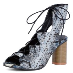 Peep Toe Summer Vintage Snake Print Chunky Block Heels Lace Up Gladiator Sandals - Blue