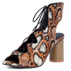 Peep Toe Summer Vintage Snake Print Chunky Block Heels Lace Up Gladiator Sandals - Brown
