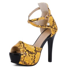 Peep Toe Platforms Snake Print Stiletto Heels Ankle Buckle Cross Straps Back Zipper Pumps Sandals - Yellow