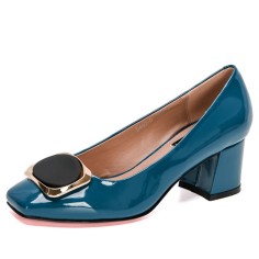 Square Toe Chunky Heels Vintage Pumps - Blue