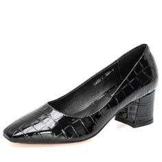 Square Toe Chunky Heels Crocodile Pattern Pumps - Black